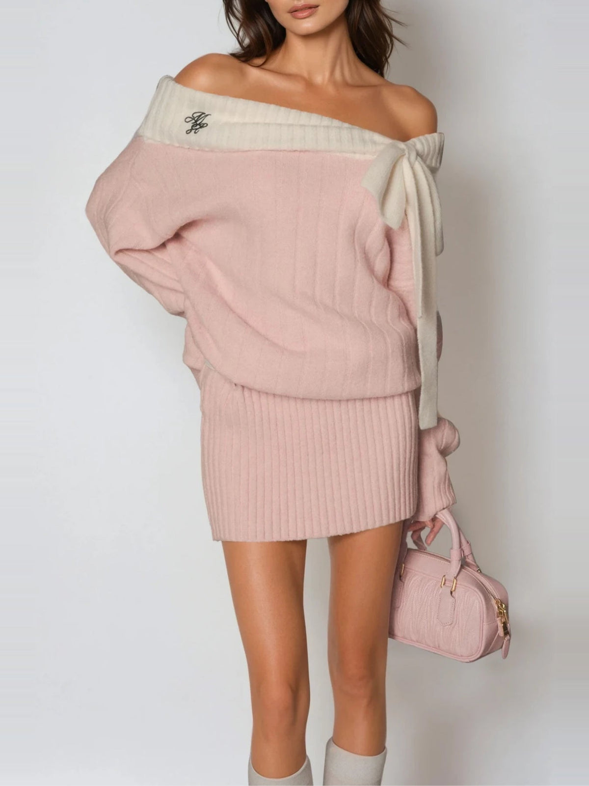 Devi Off-Shoulder Contrast Band Knit Mini Dress — Svelte Chic
