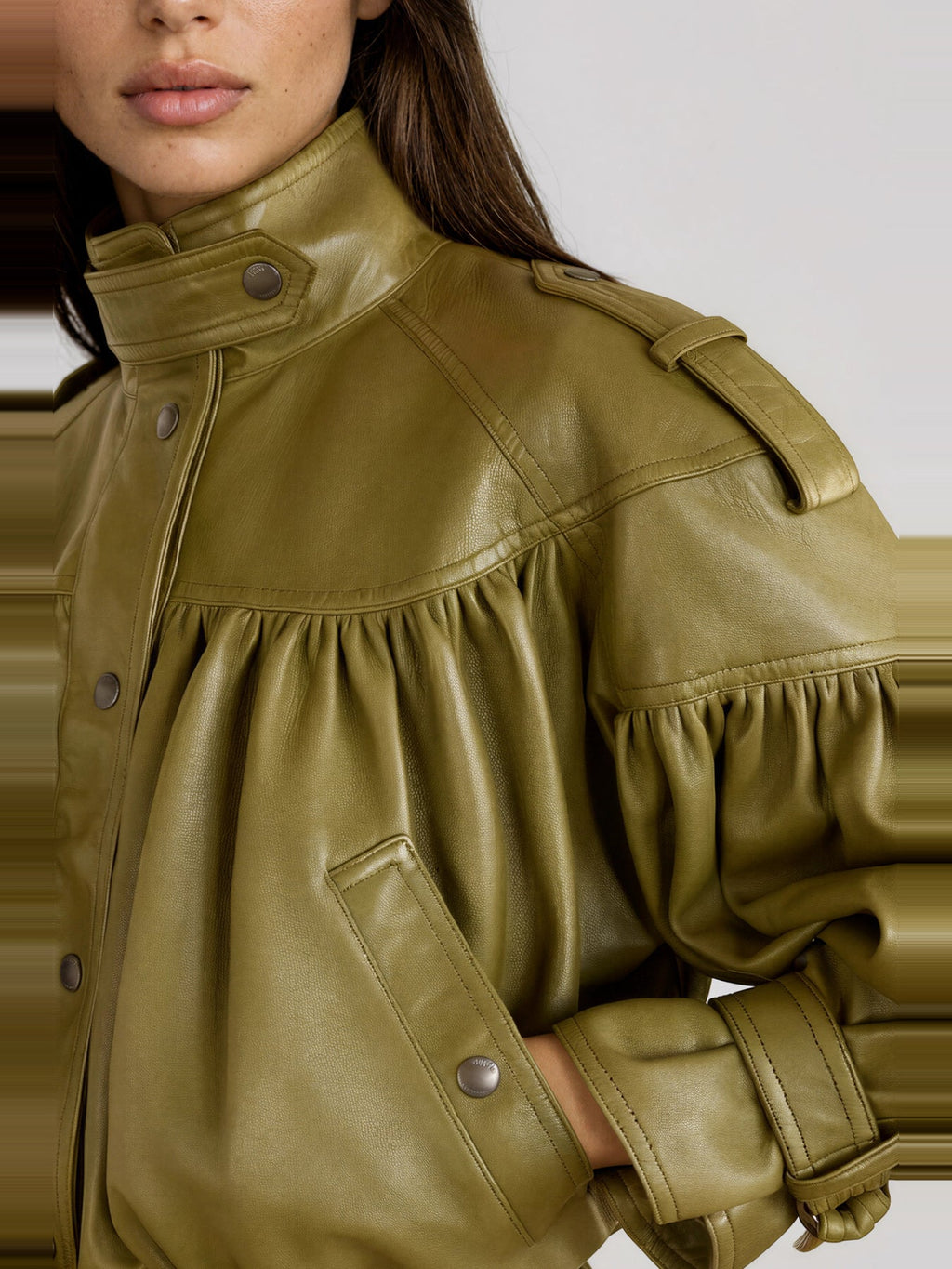 Kineks Belted Ruched Faux Leather Jacket - Olive Green — Svelte Chic