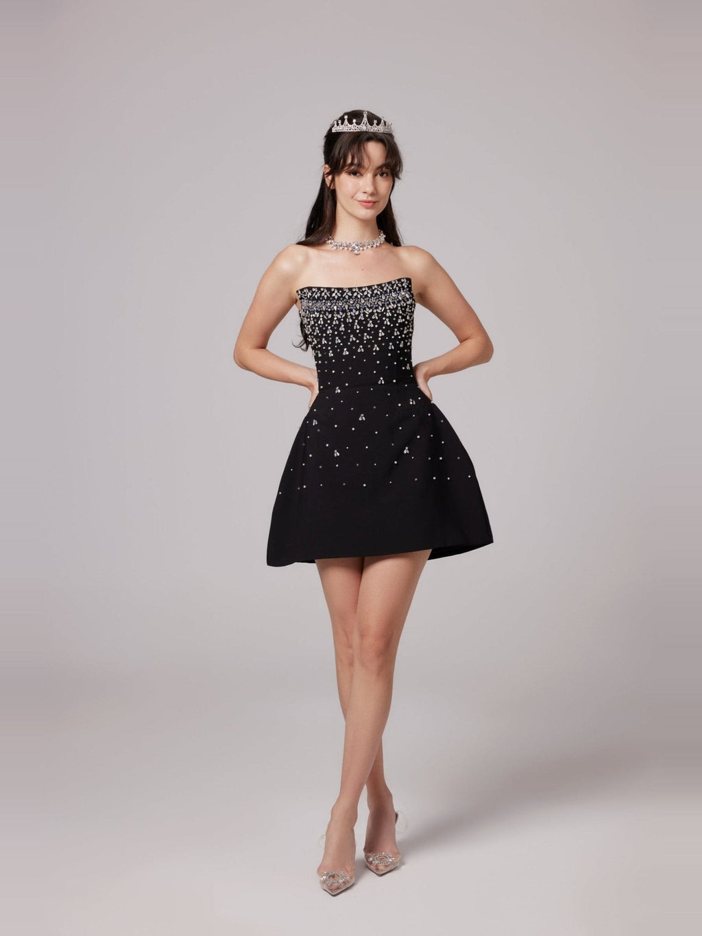 Melisande Off-Shoulder Beaded Sleeveless Mini Gown — Svelte Chic