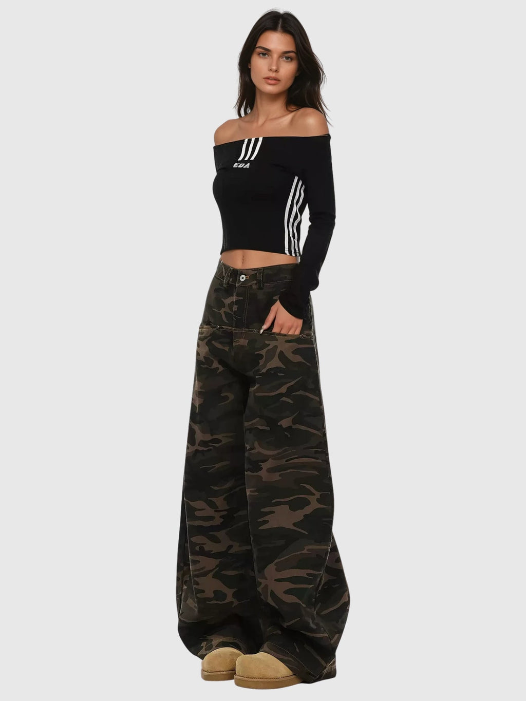 Becka Camouflage Print Curved Wide Leg Jeans - Khaki — Svelte Chic