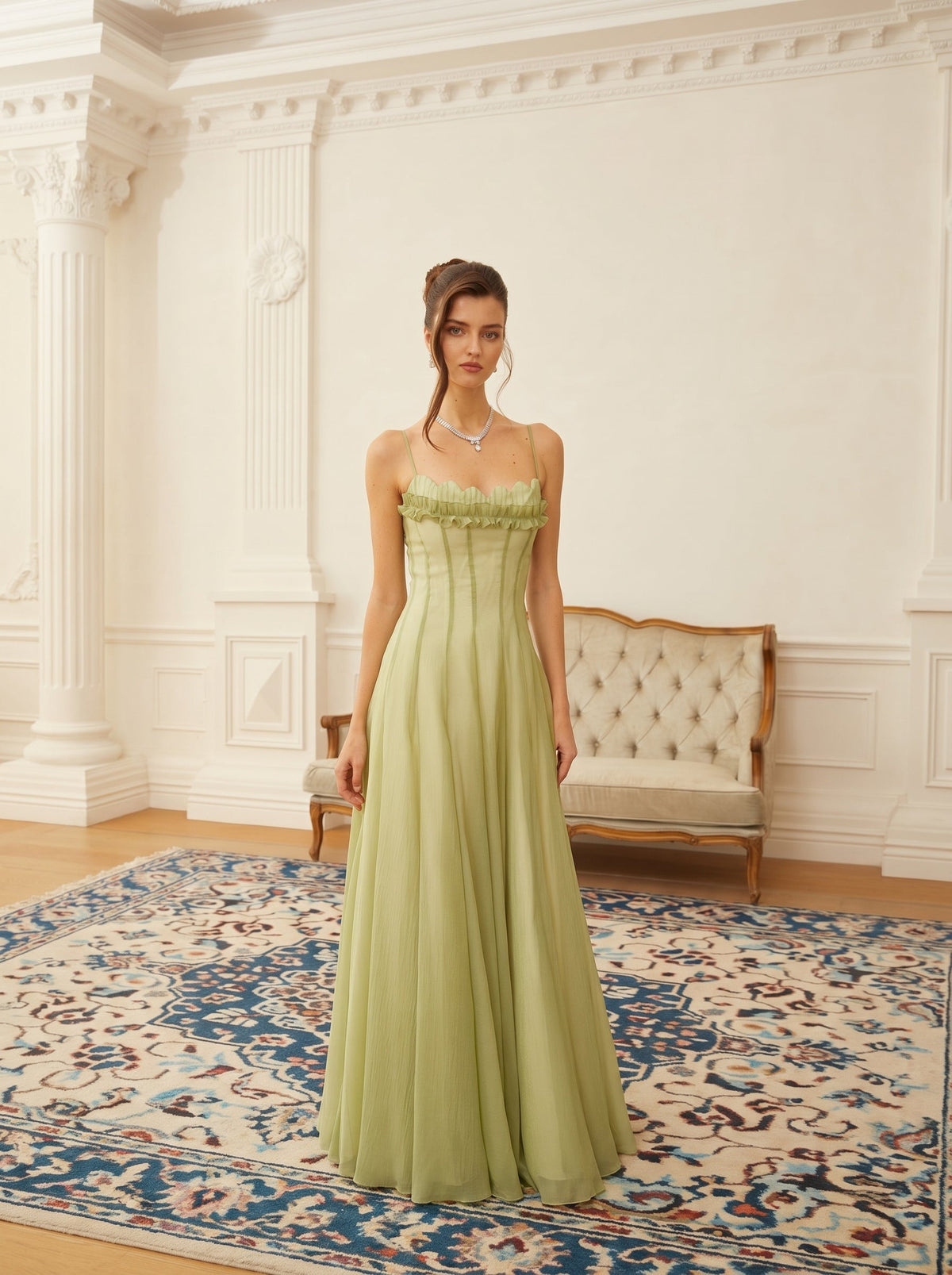 Seraphina Ruffled Tulle Maxi Dress in Pistachio — Svelte Chic