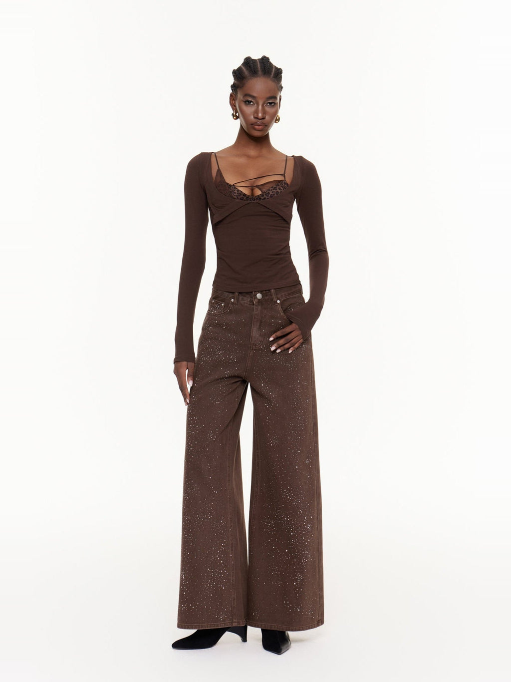Eideard Leopard Lace Detail Long Sleeve Top - Chocolate — Svelte Chic