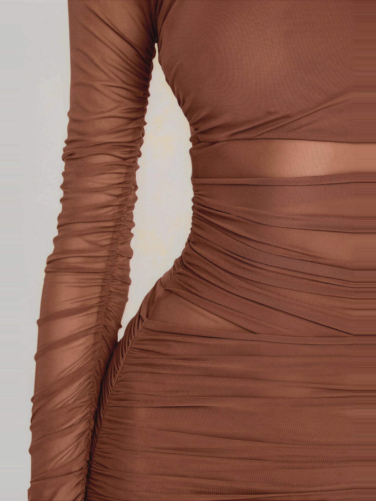 Ivaana Long Sleeve Draped Mesh Mini Dress - Brown — Svelte Chic