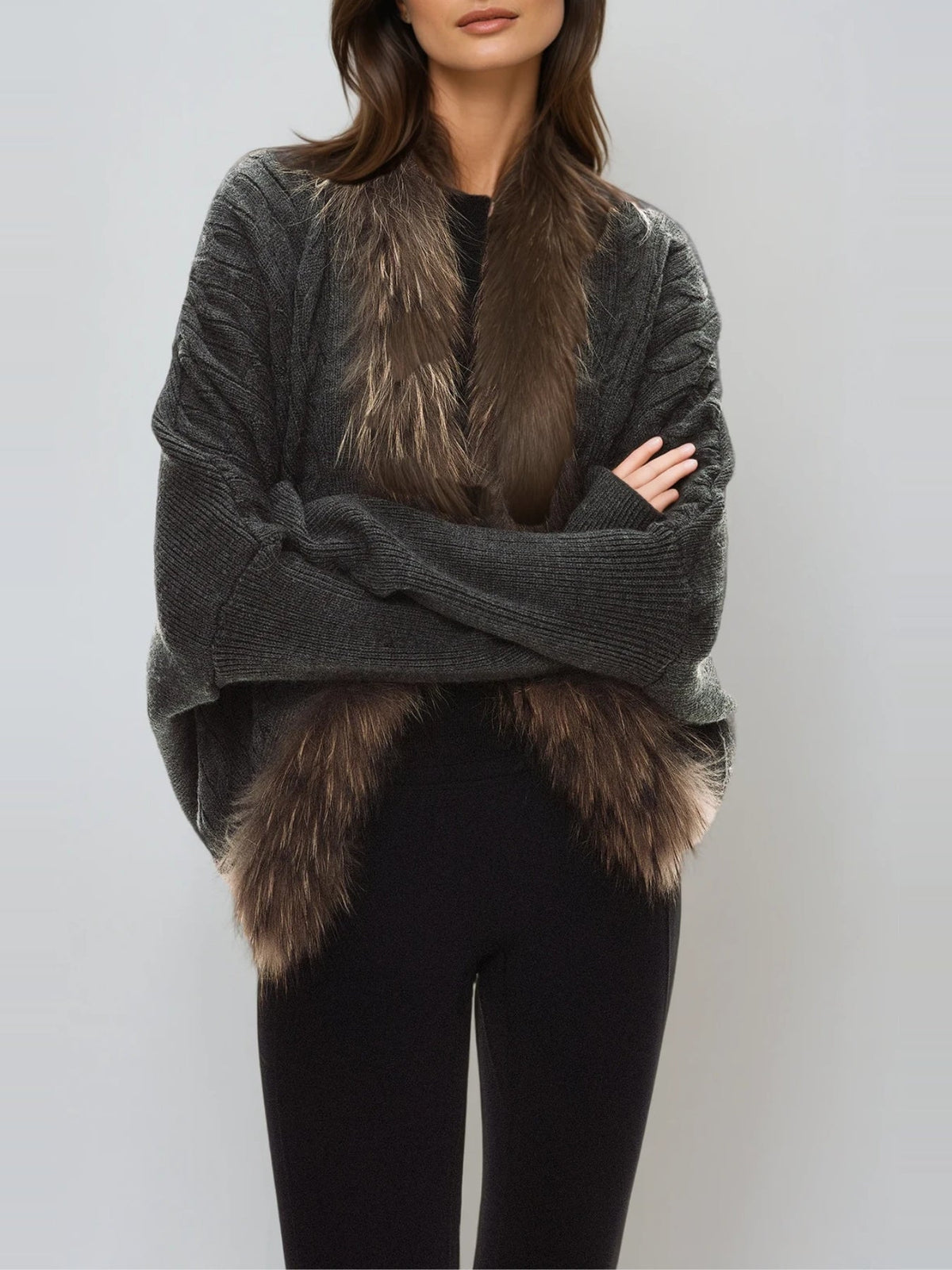 Deianeira Faux Fur Trimmed Knit Jacket - Anthracite — Svelte Chic