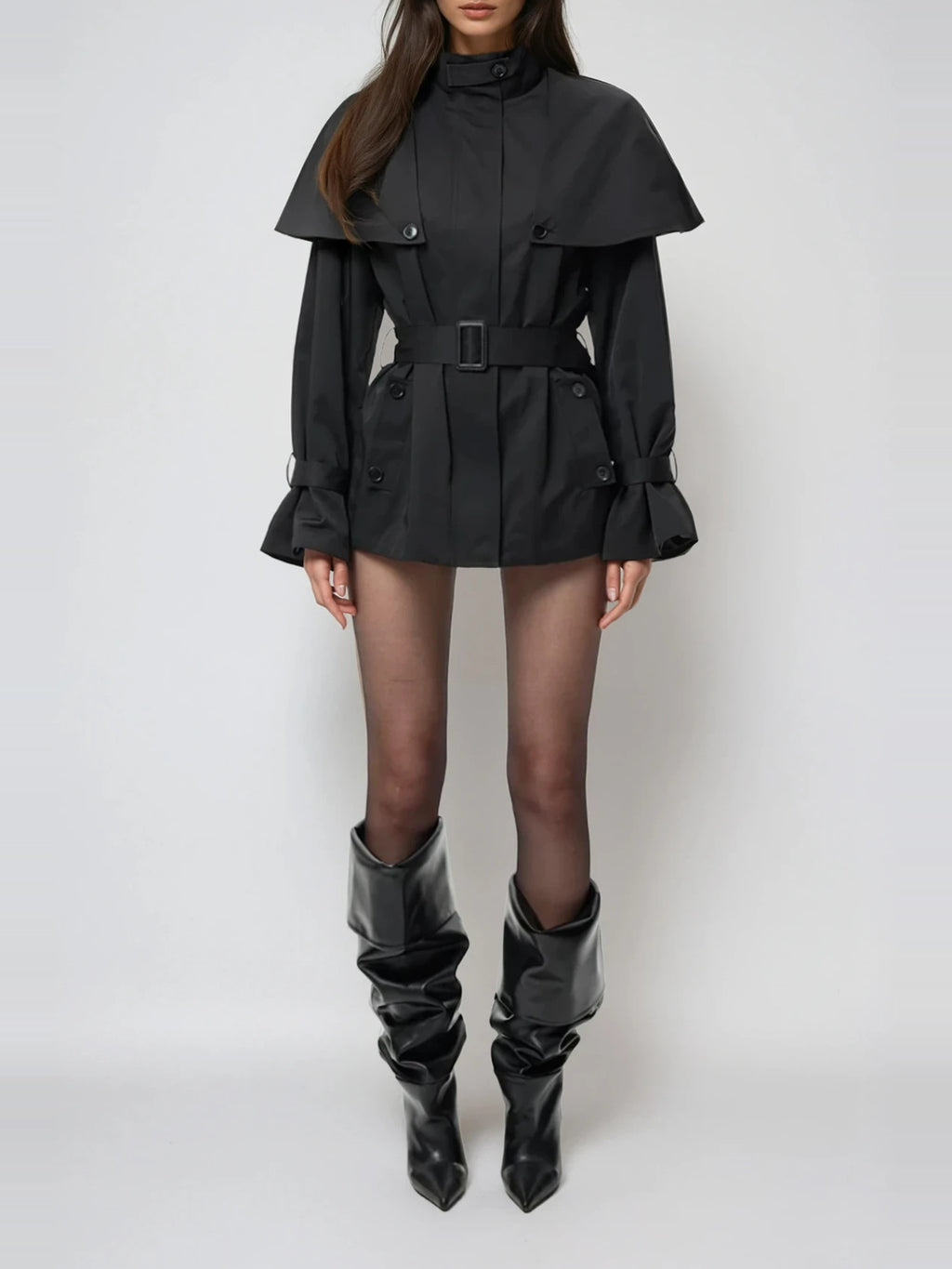 Davide Caped-Shoulder Belted Short Trench Coat - Black