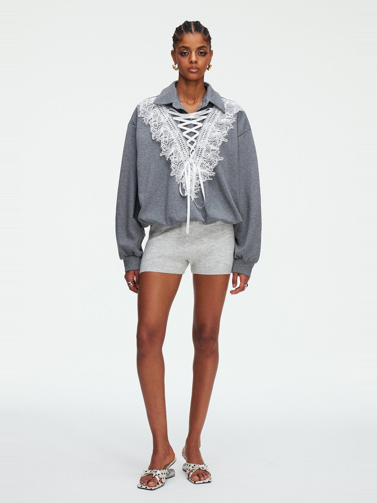 Madlenka Lace Tie-Front Collared Oversized Top - Grey — Svelte Chic