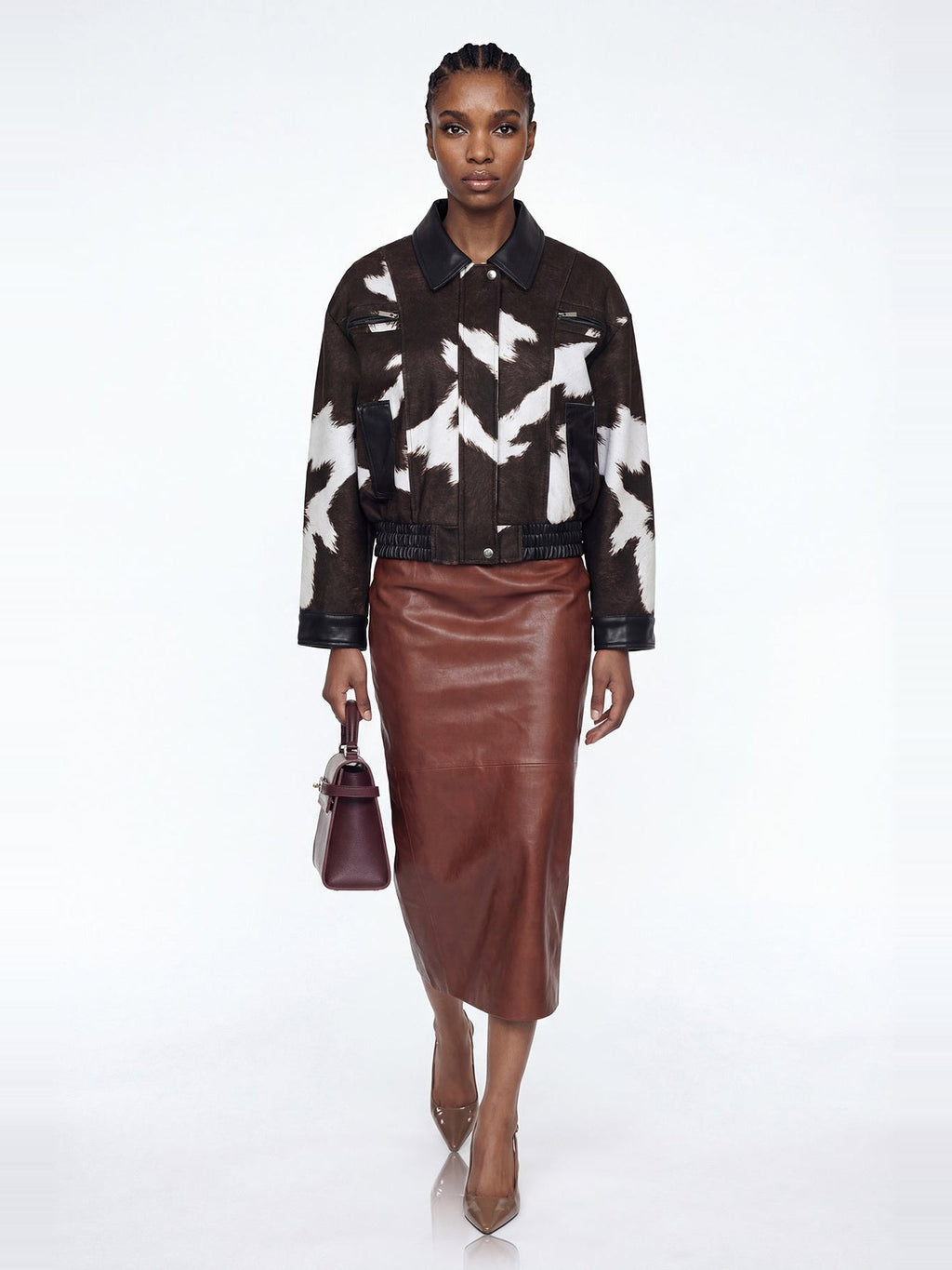 Elisabeta Cow Print Faux Leather Bomber Jacket - Brown — Svelte Chic