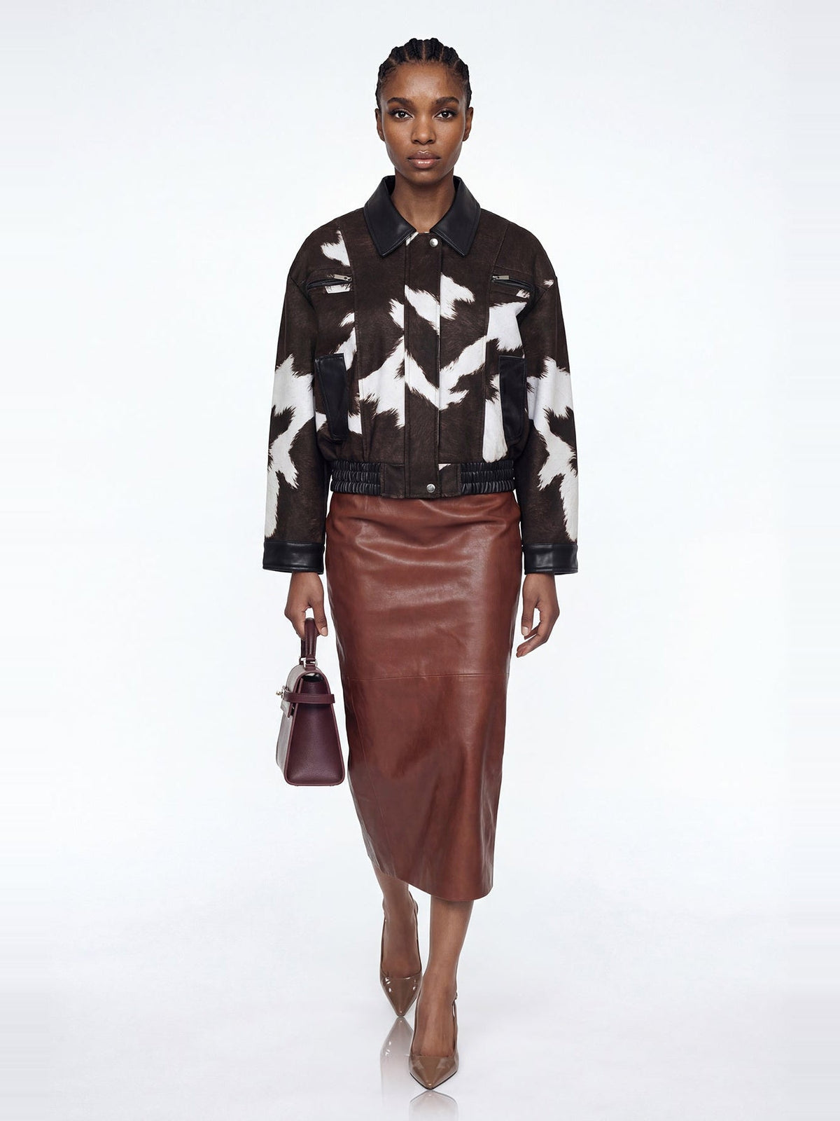 Elisabeta Cow Print Faux Leather Bomber Jacket - Brown — Svelte Chic