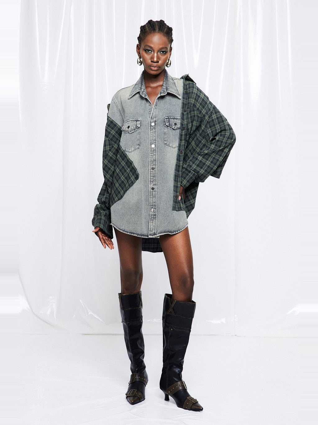 Friedrich Plaid Panel Oversized Denim Jacket - Grey — Svelte Chic