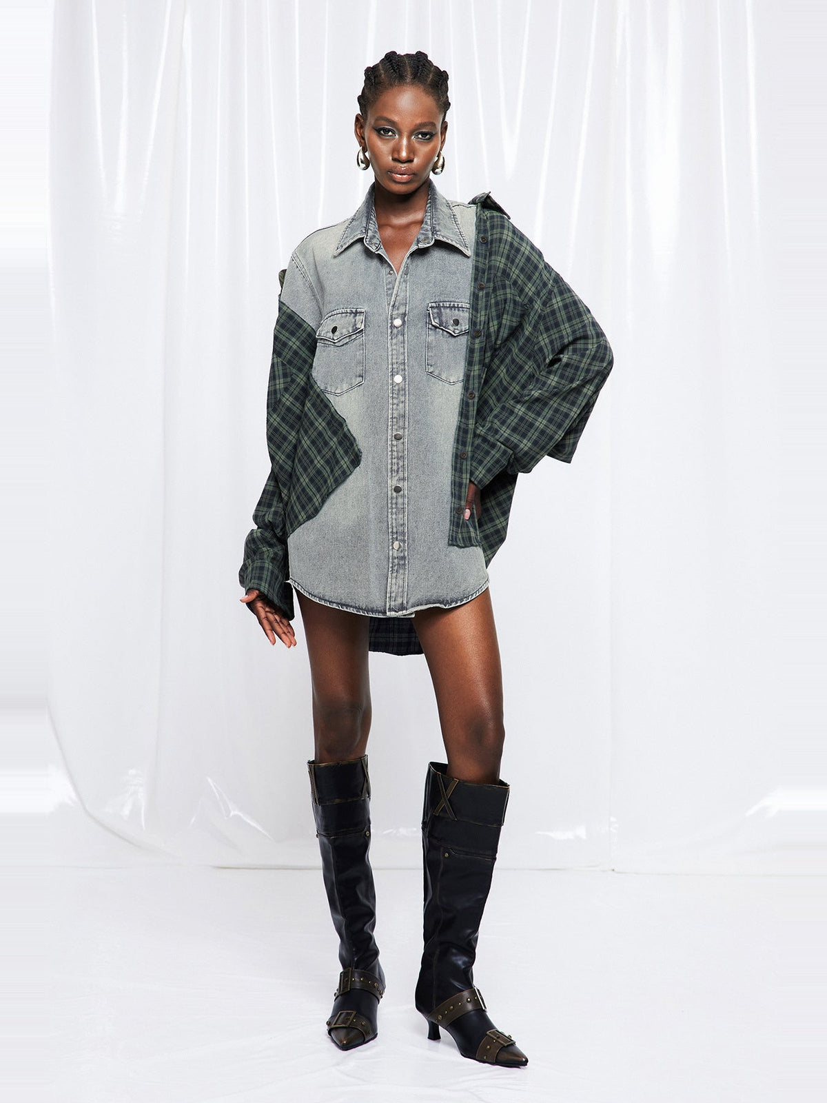 Friedrich Plaid Panel Oversized Denim Jacket - Grey — Svelte Chic