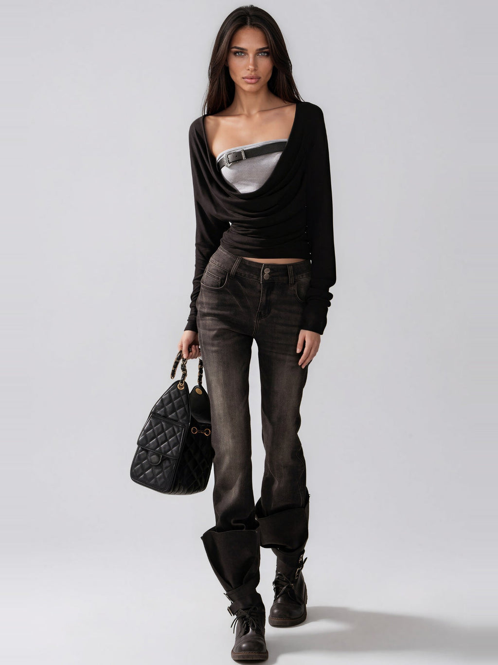Kester Cowl Neck Buckle Long Sleeve Top - Black — Svelte Chic