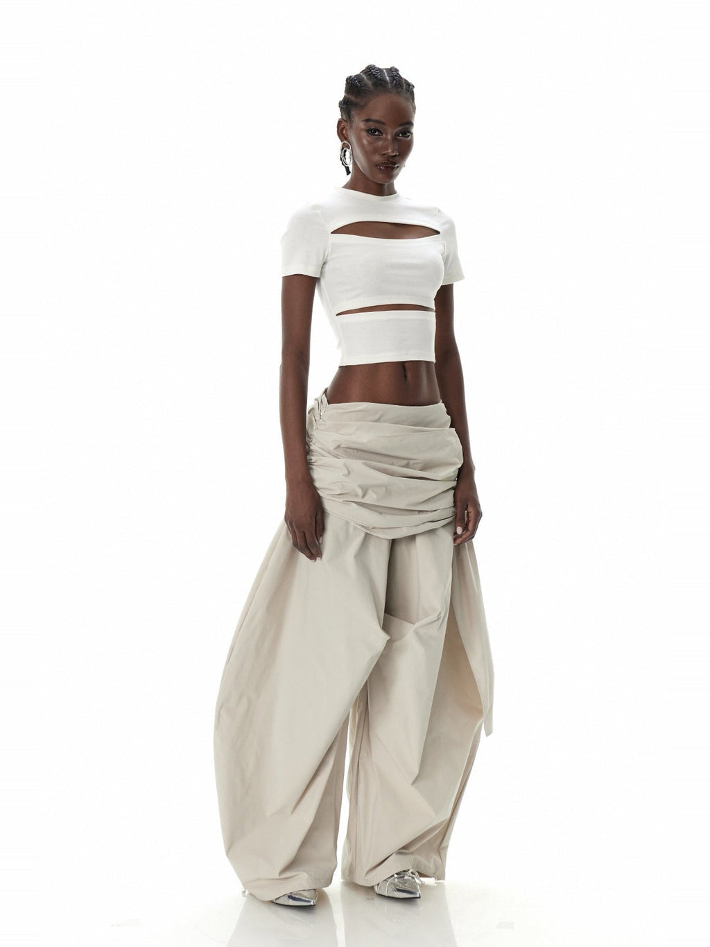 Clarity Ruched Asymmetric Wide-Leg Pants - Beige — Svelte Chic