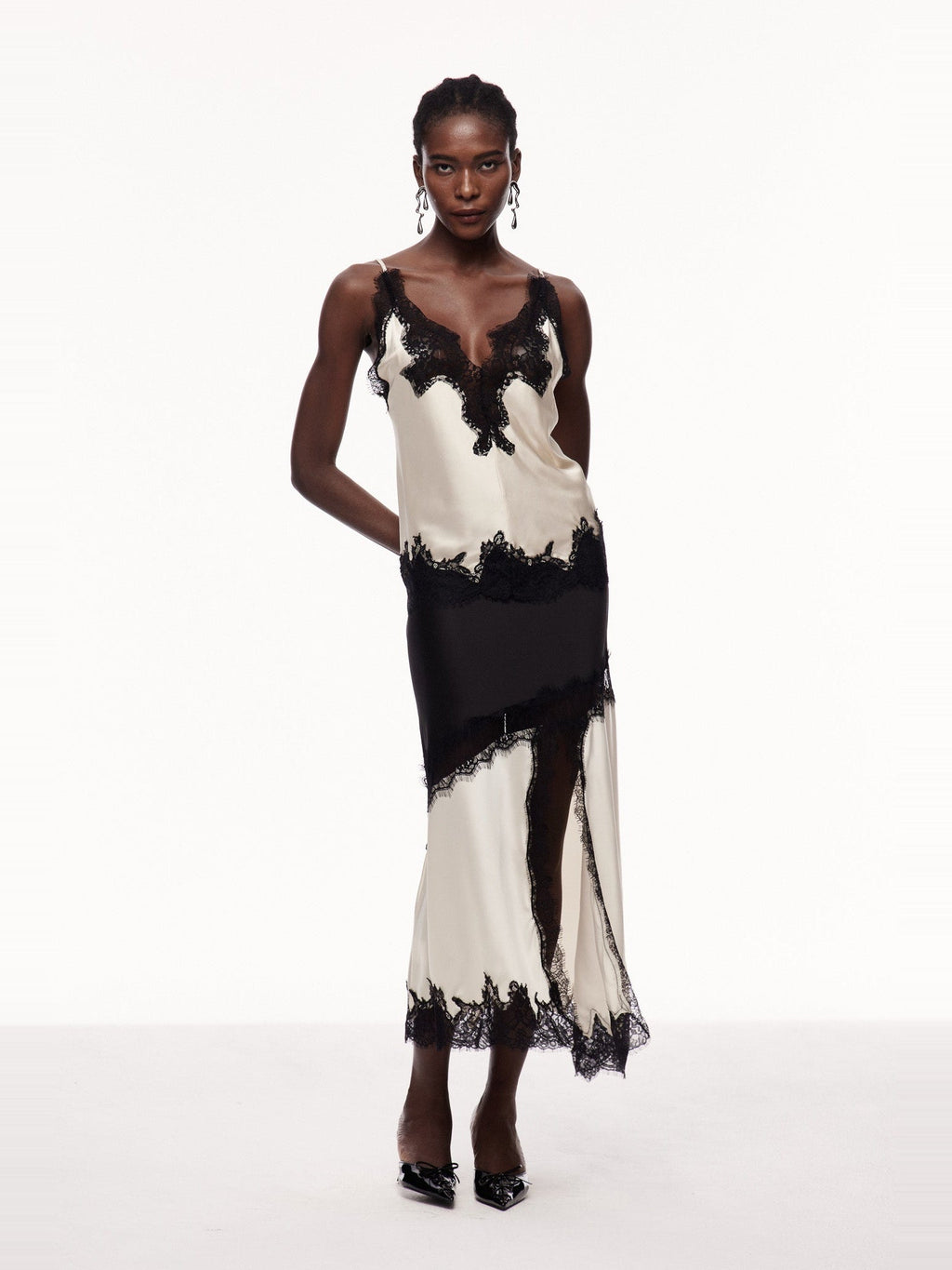 Bess Lace-Trimmed Asymmetric Satin Midi Skirt - Black and Cream — Svelte Chic