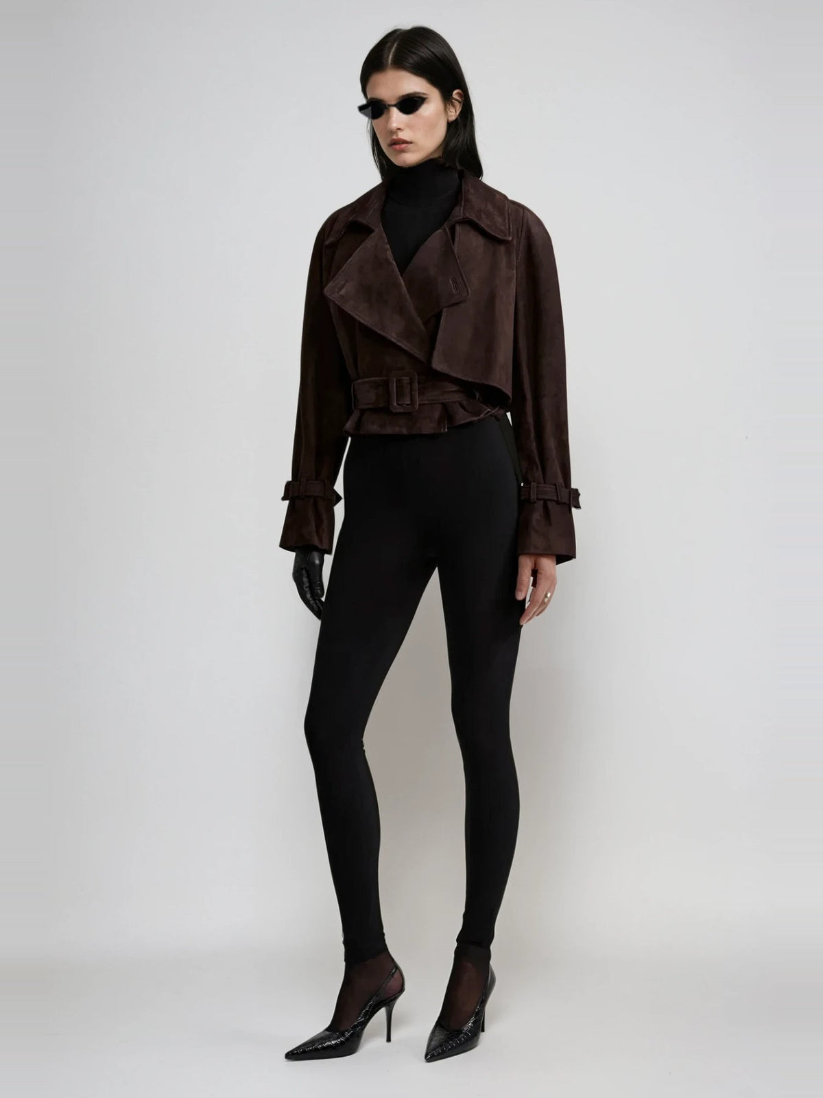 Chioma Wide-Lapel Buckled Suede Jacket - Chocolate — Svelte Chic
