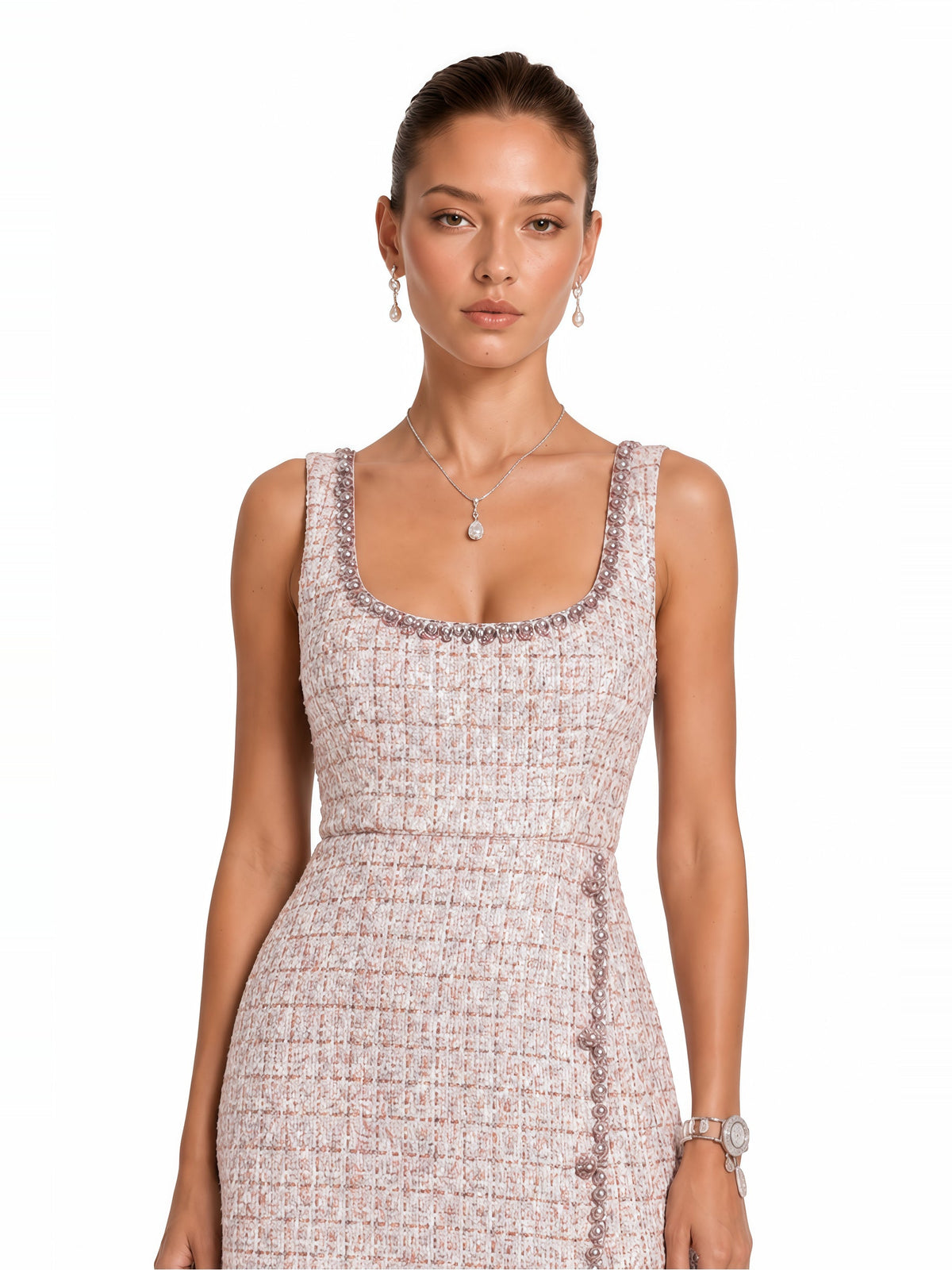 Aoife Crystal Tweed Square Neck Mini Dress — Svelte Chic