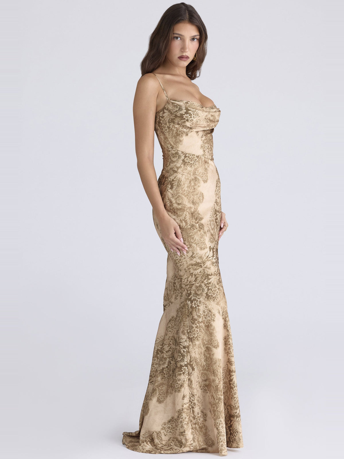 Nalani Printed Satin Strappy Fishtail Maxi Dress — Svelte Chic