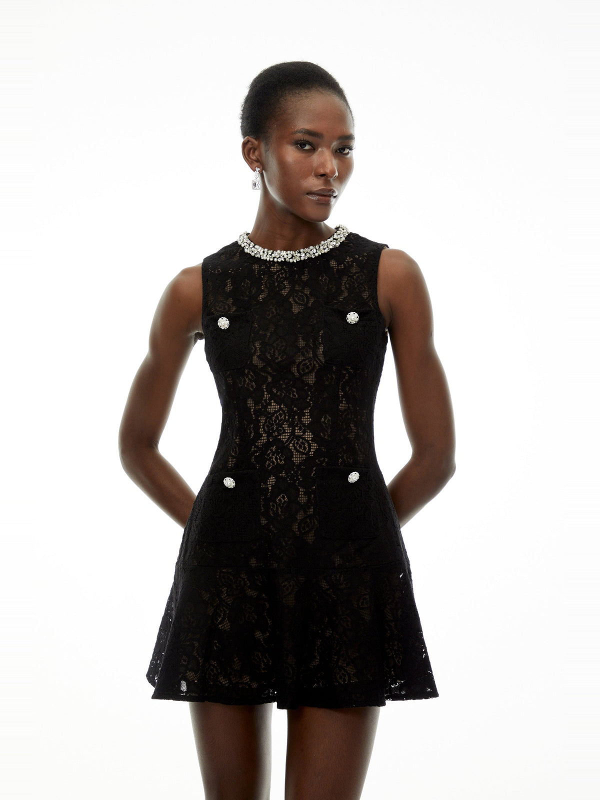 Mirabella Crew-Neck Floral Lace Sleeveless Mini Dress - Black — Svelte Chic