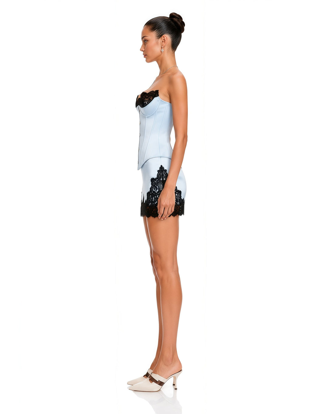 Sesilia Lace-Trim Corset Top and Mini Skirt Set - Blue — Svelte Chic