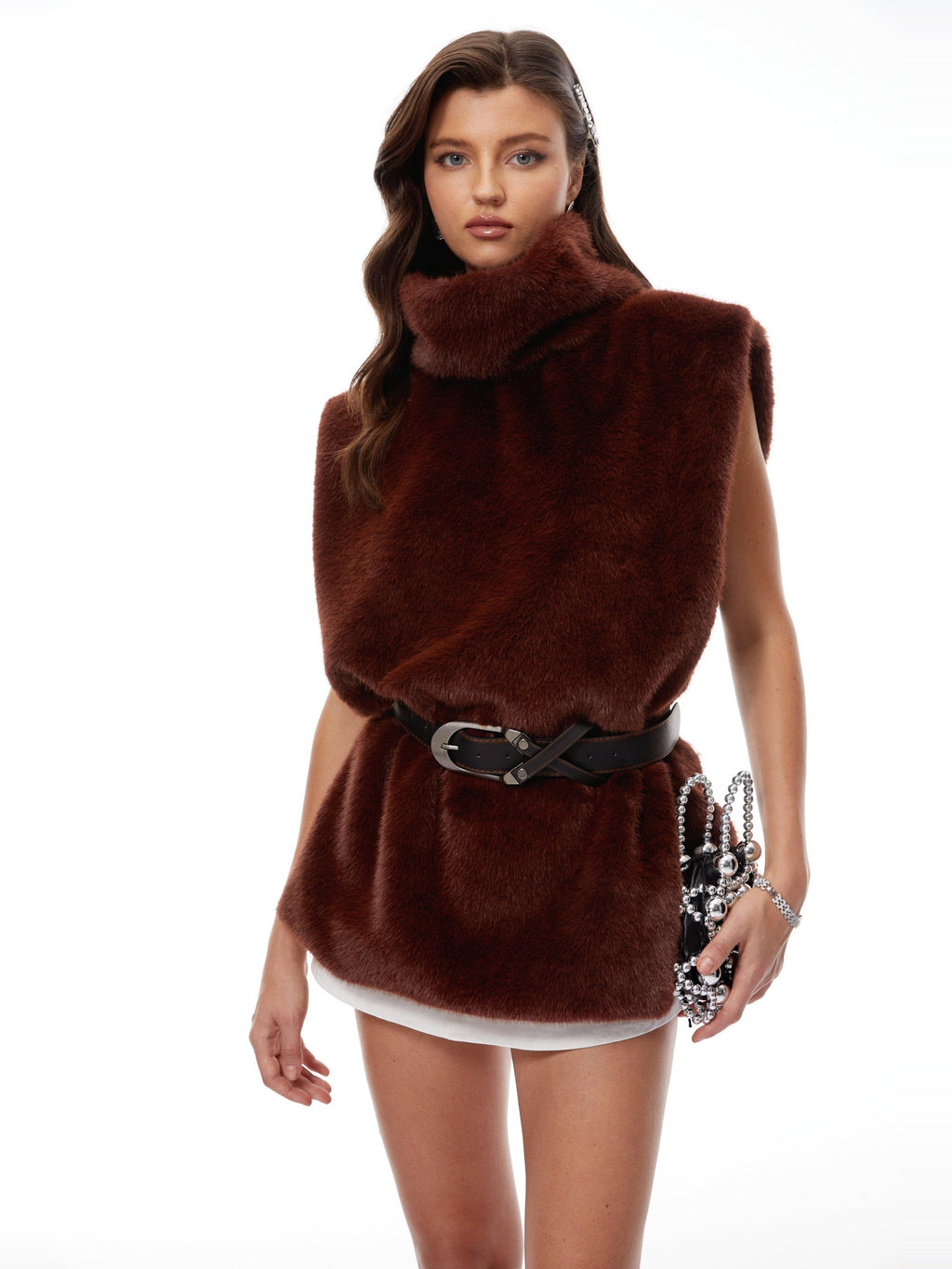 Pamela Belted High-Neck Faux Fur Vest - Brown — Svelte Chic