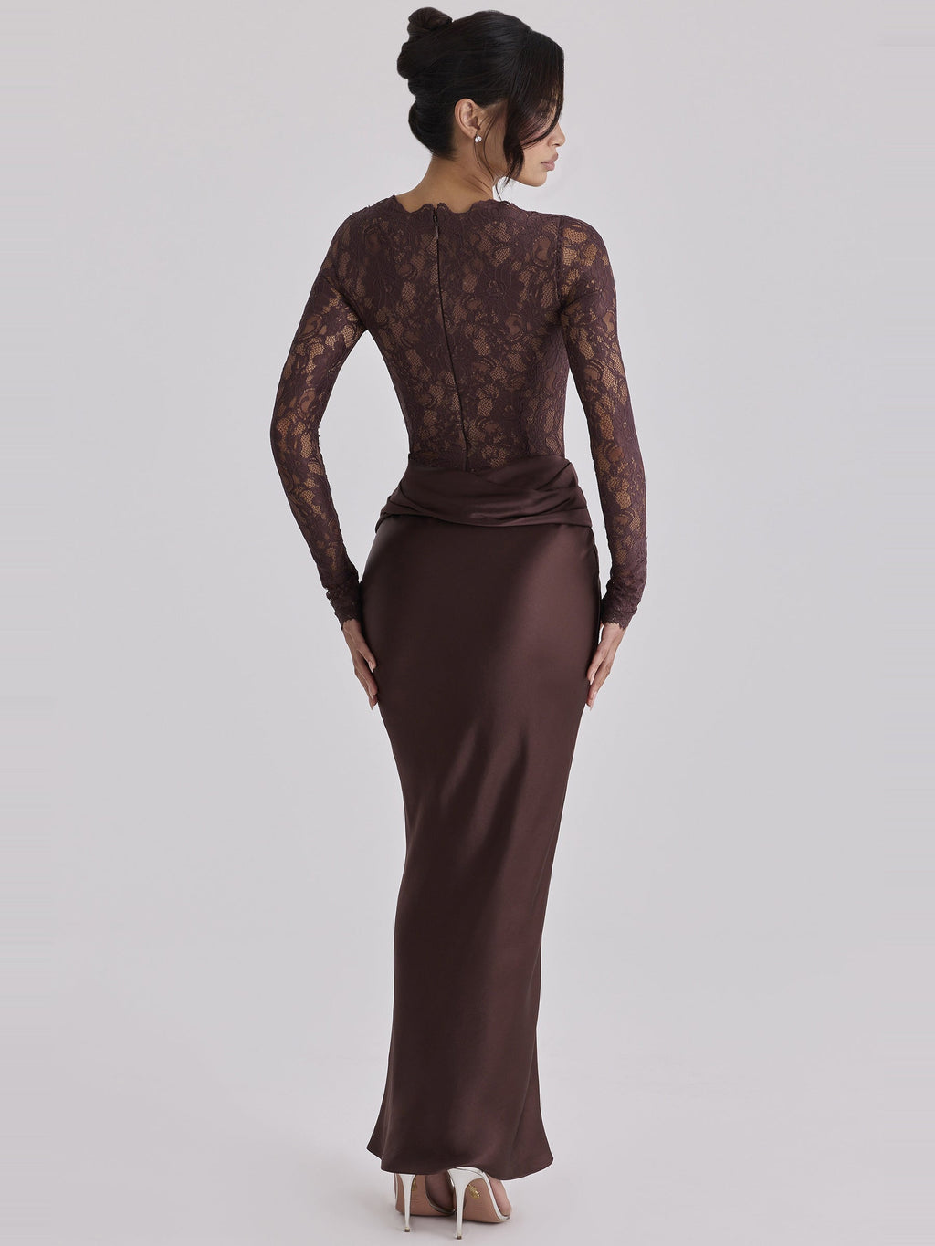 Yasmeen Lace Draped Satin Maxi Dress — Svelte Chic
