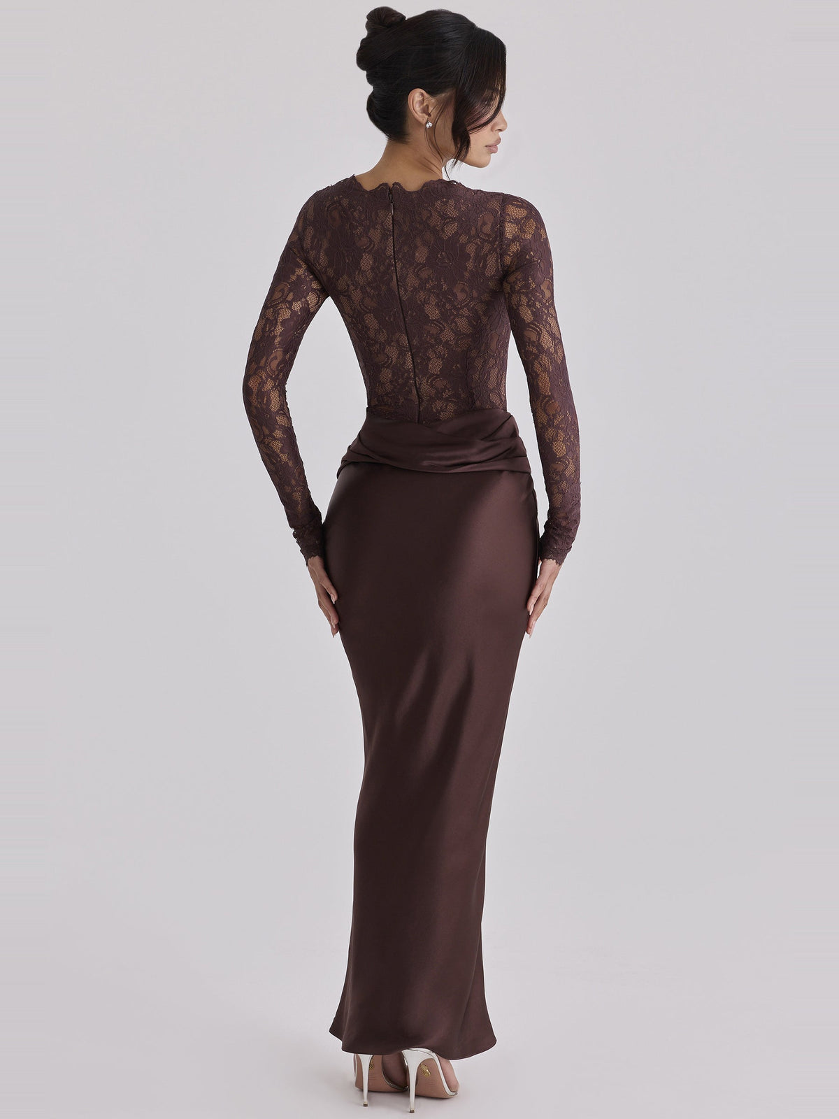 Yasmeen Lace Draped Satin Maxi Dress — Svelte Chic