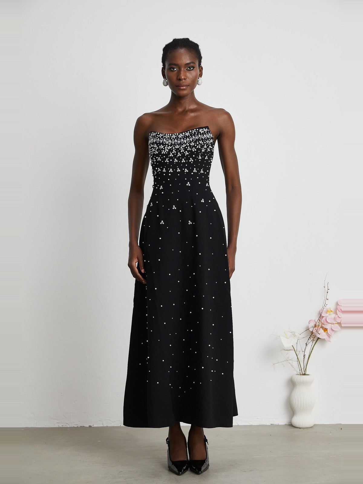Melisande Off-Shoulder Beaded Maxi Gown - Black — Svelte Chic
