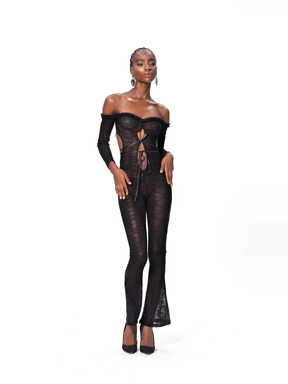 Elsabeth Off-Shoulder Lace Cutout Jumpsuit - Black — Svelte Chic