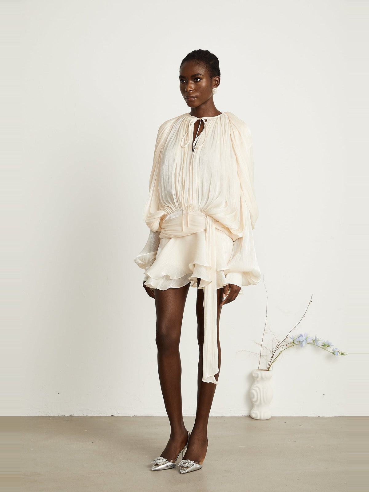 Eugenie Pleated Ruffle Mini Dress — Svelte Chic