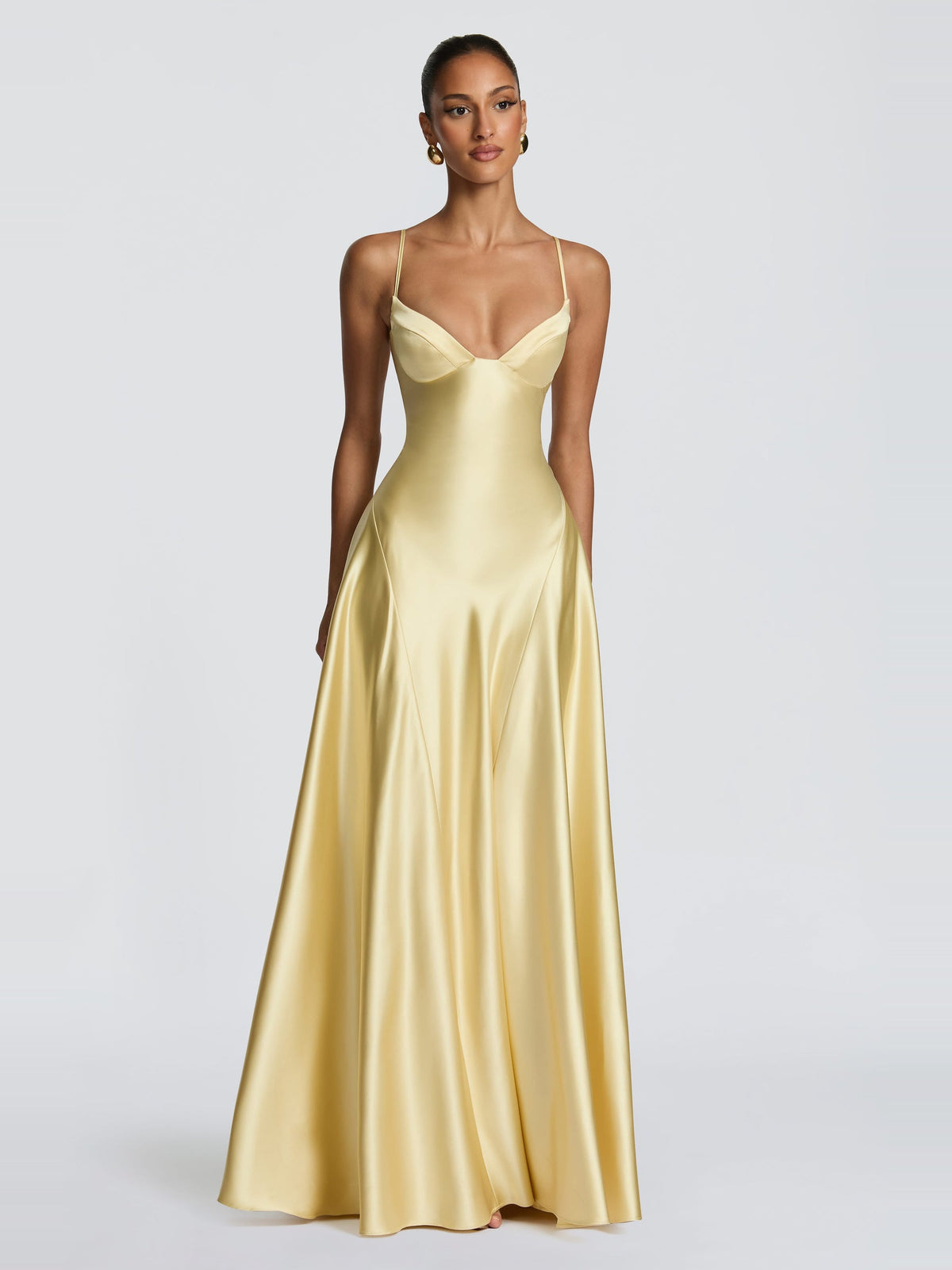 Asterin Strappy Plunge Corset Back Satin Maxi Dress — Svelte Chic
