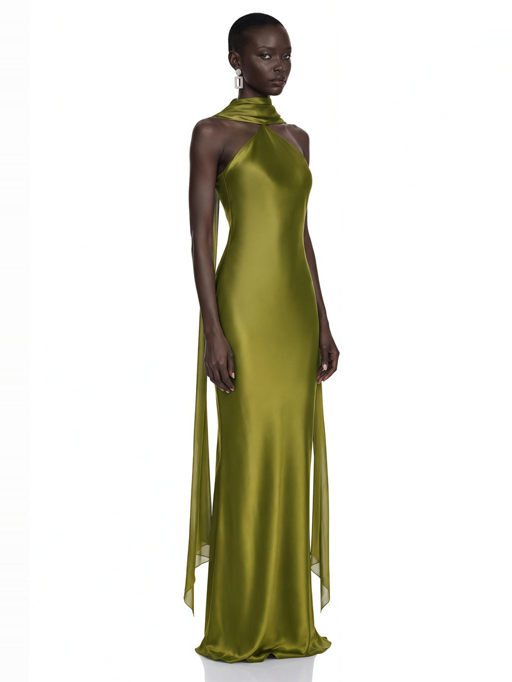 Rowena Scarf-Detail Draped Halterneck Maxi Dress - Olive Green — Svelte Chic
