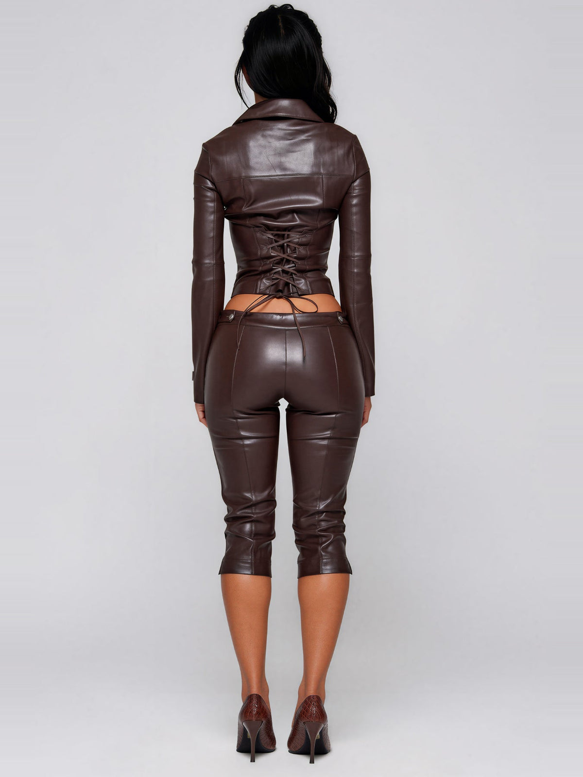 Kemi Corset Lace-Up Leather-Look Jacket and Pants Set - Chocolate — Svelte Chic
