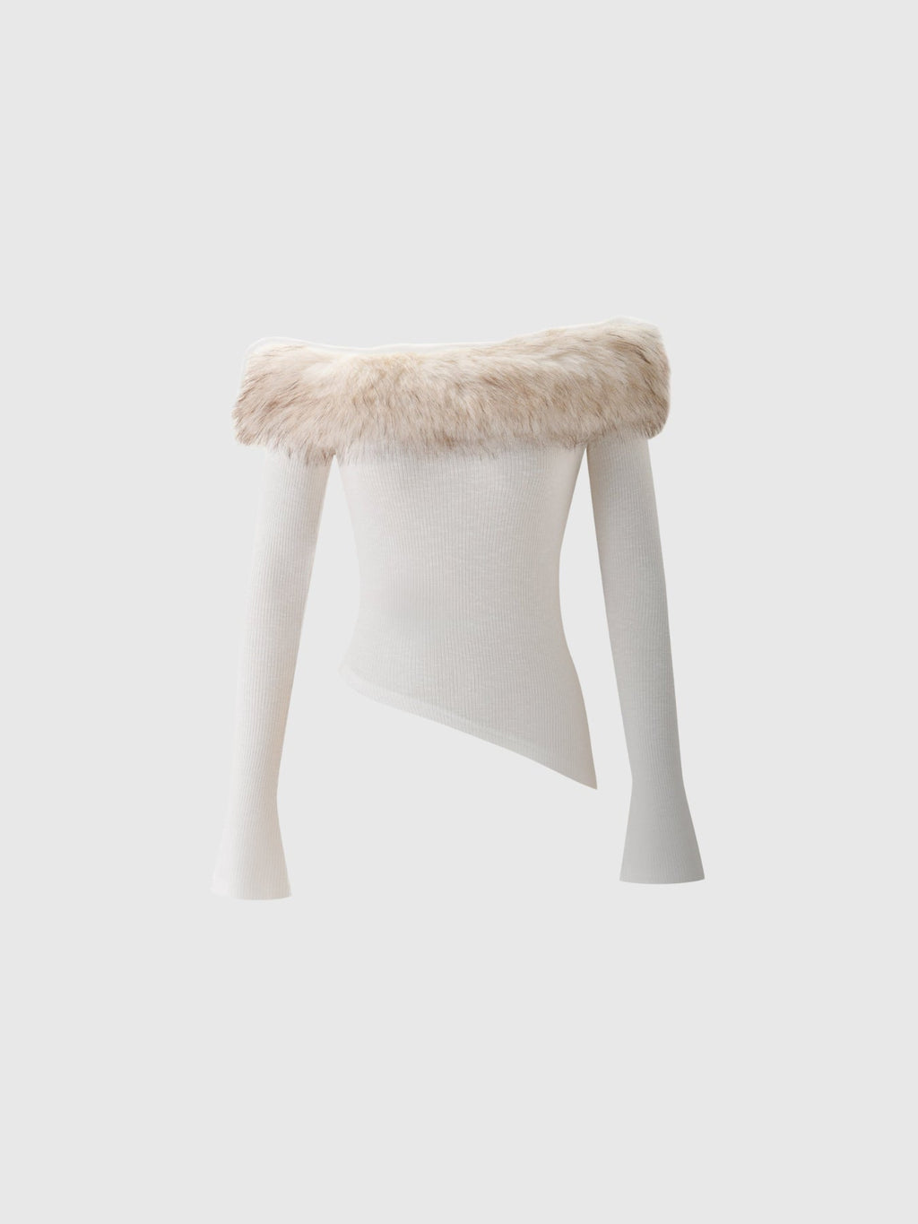 Debi Faux Fur Trim Off-Shoulder Ribbed Top - Ivory — Svelte Chic