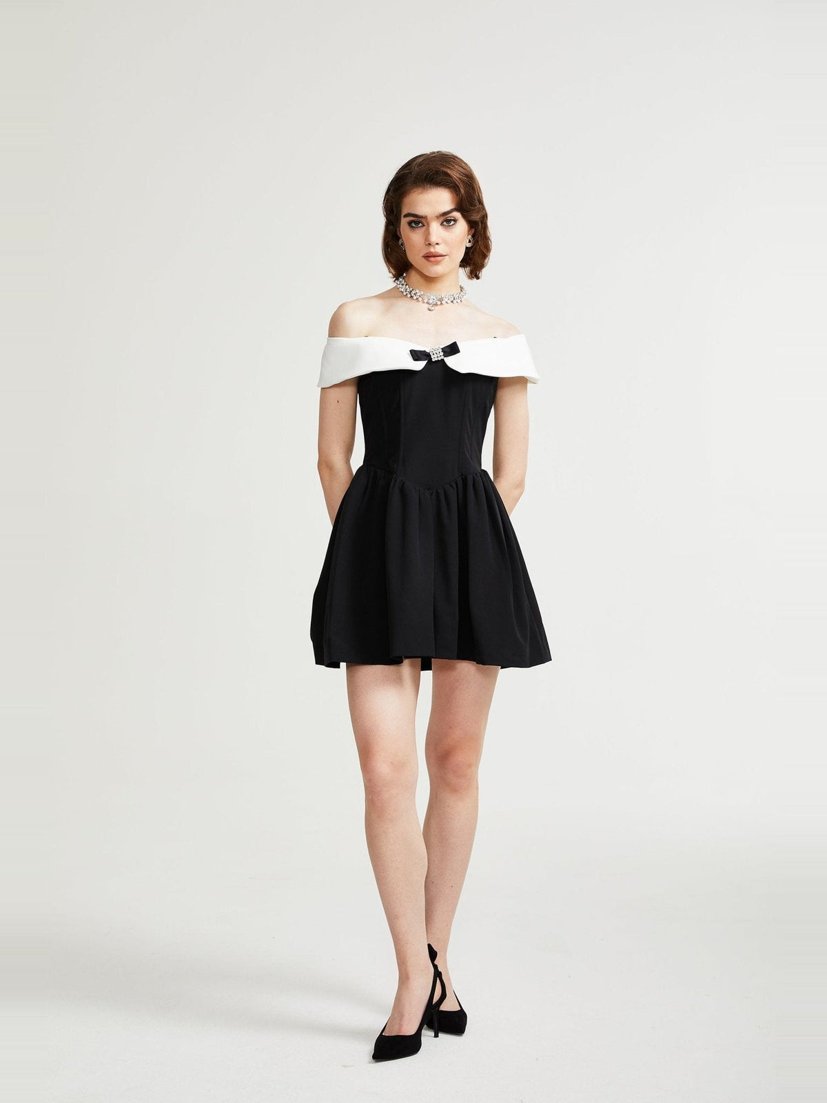 Deniece Off-Shoulder Bow-Detail Mini Dress - Black — Svelte Chic