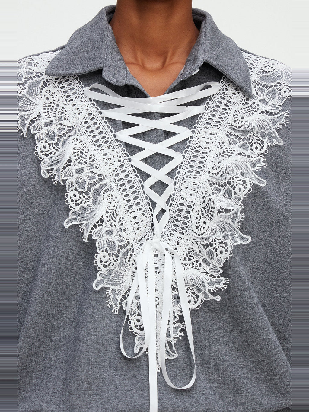 Madlenka Lace Tie-Front Collared Oversized Top - Grey — Svelte Chic