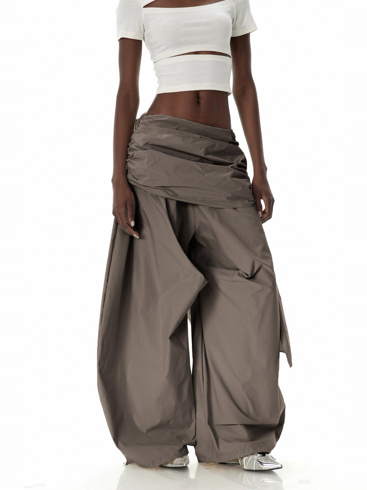 Creiddylad Ruched Drawstring Wide-Leg Pants - Brown — Svelte Chic
