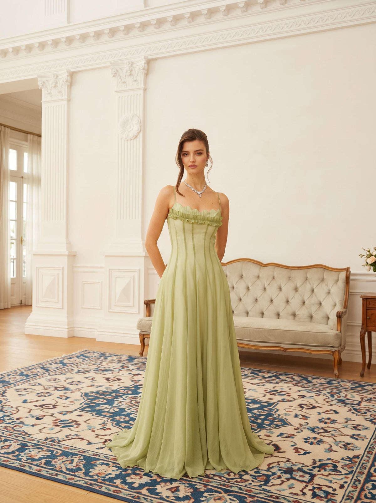 Seraphina Ruffled Tulle Maxi Dress in Pistachio — Svelte Chic