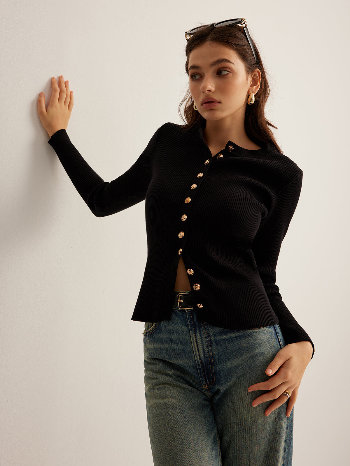Button Down Ribbed Slim Knit Top — Svelte Chic