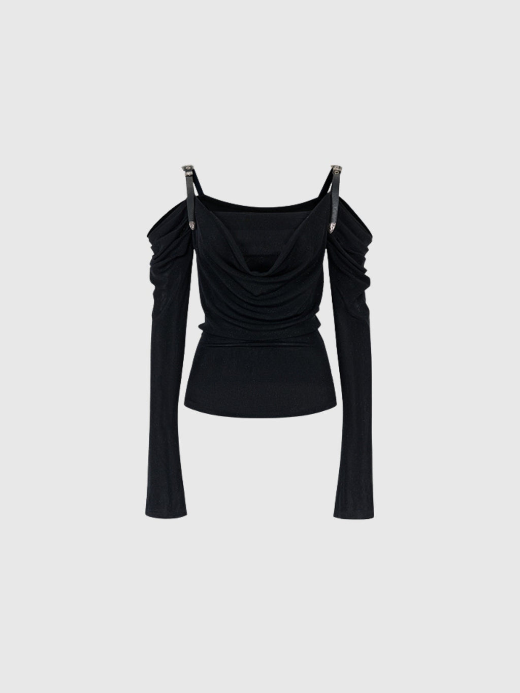Derren Off-Shoulder Draped Buckle Strap Long Sleeve Top — Svelte Chic