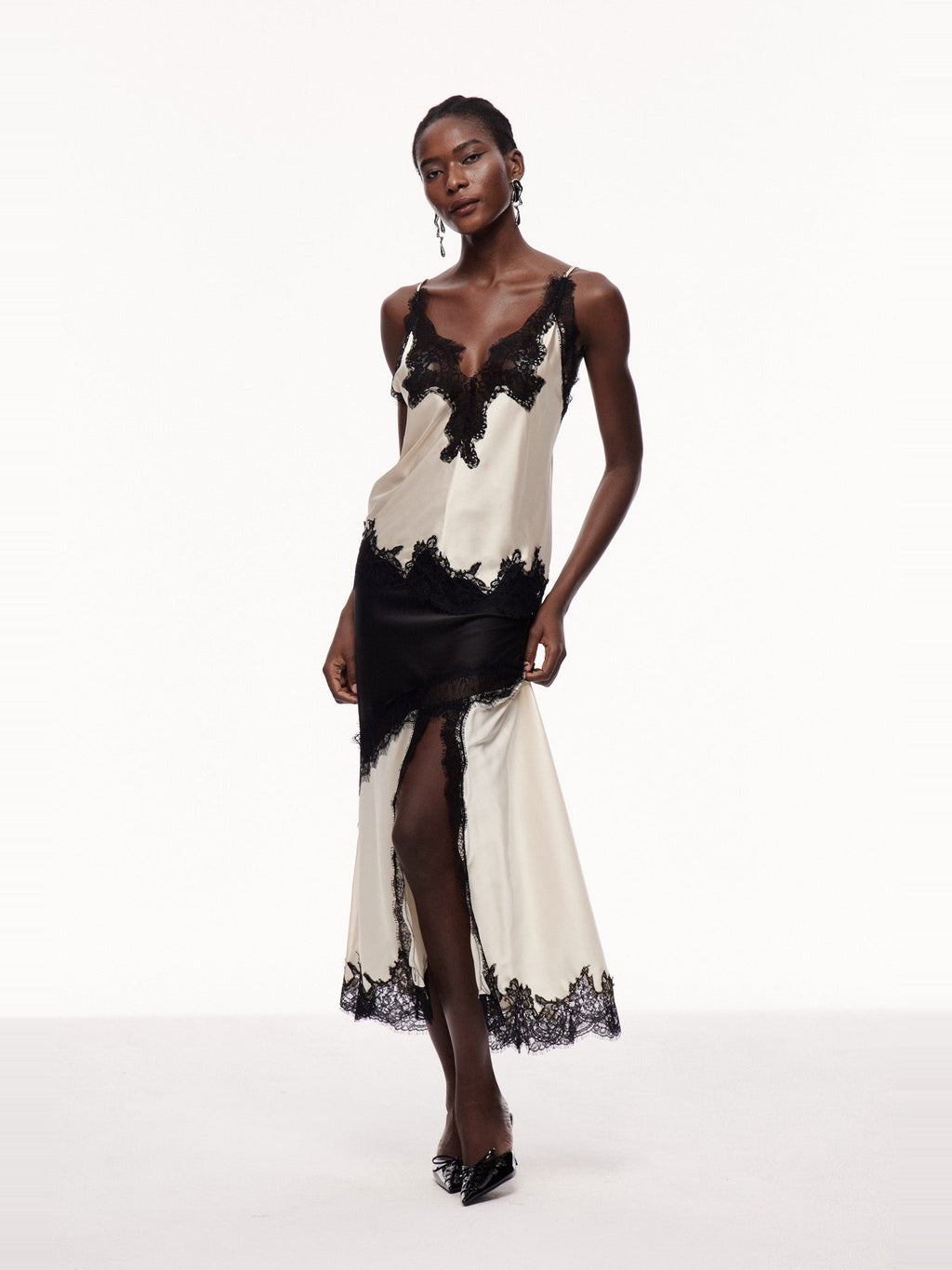 Bess Lace-Trimmed Asymmetric Satin Midi Skirt - Black and Cream — Svelte Chic