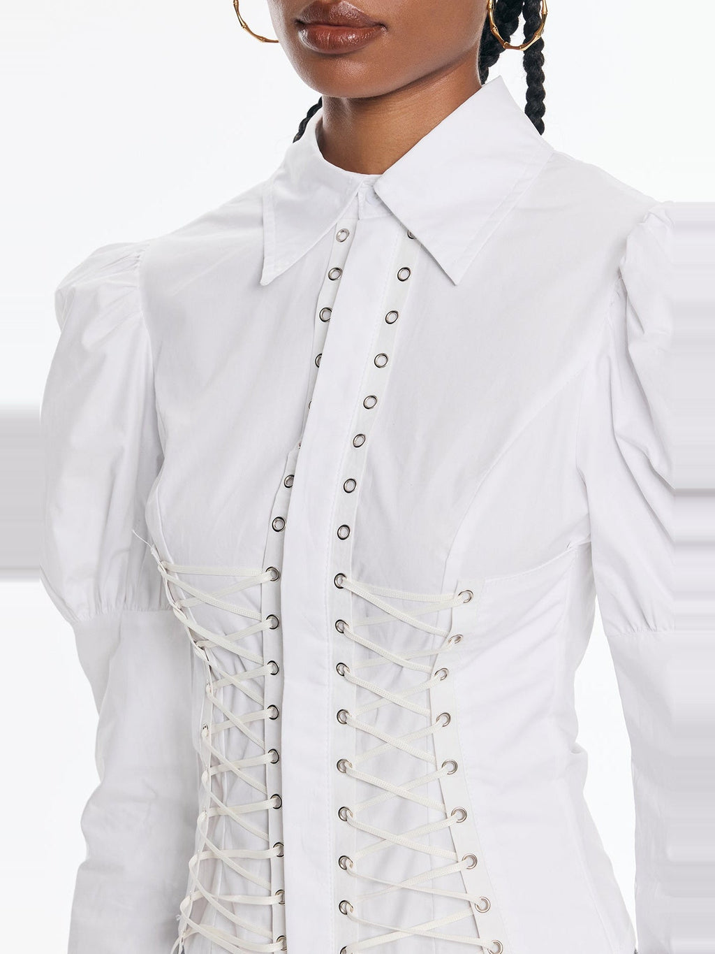 Belvedere Lace-Up Corset Puff Sleeve Shirt - White — Svelte Chic
