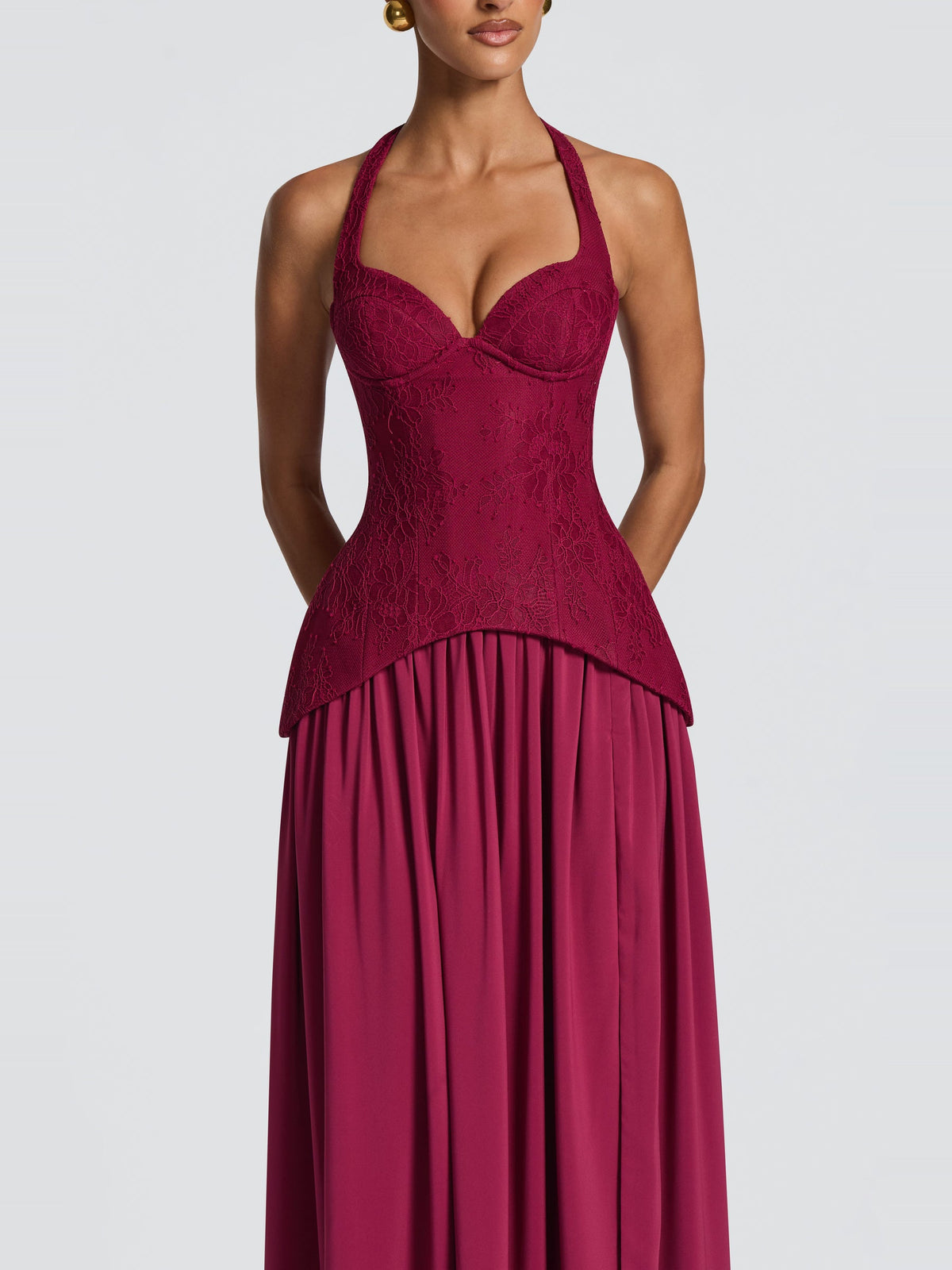 Almira Halter Lace Corset Maxi Dress with Slit — Svelte Chic