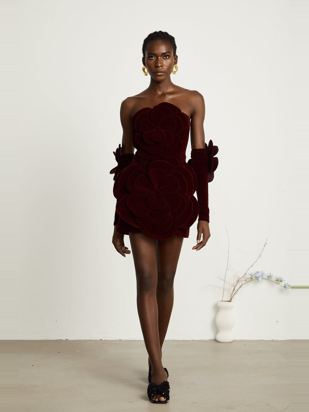 Azura Off-Shoulder Long-Sleeve Floral Velvet Mini Dress - Red — Svelte Chic