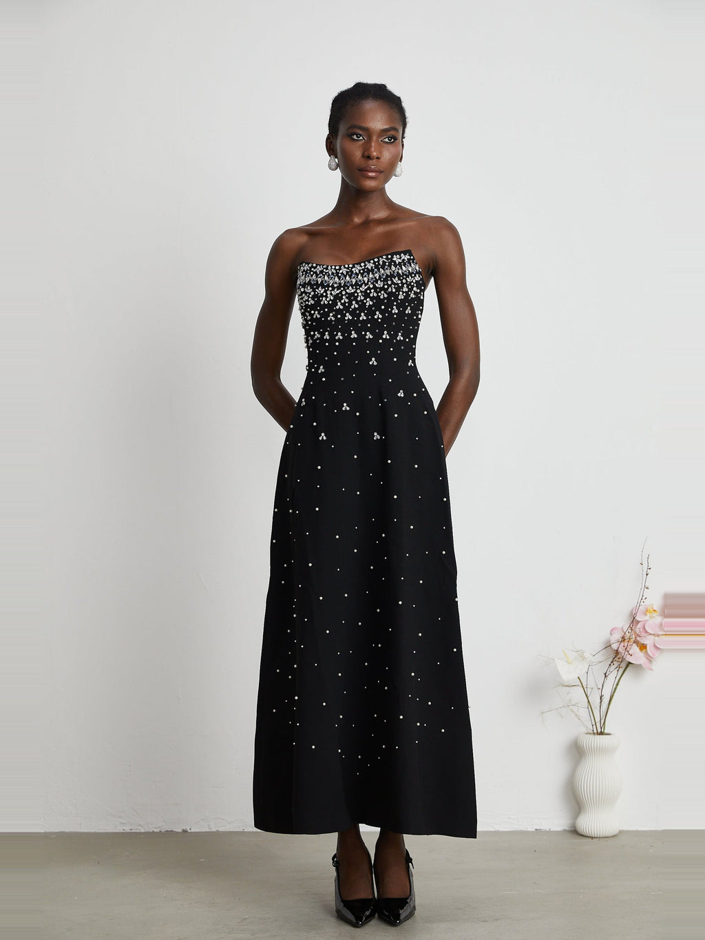 Melisande Off-Shoulder Beaded Maxi Gown - Black — Svelte Chic