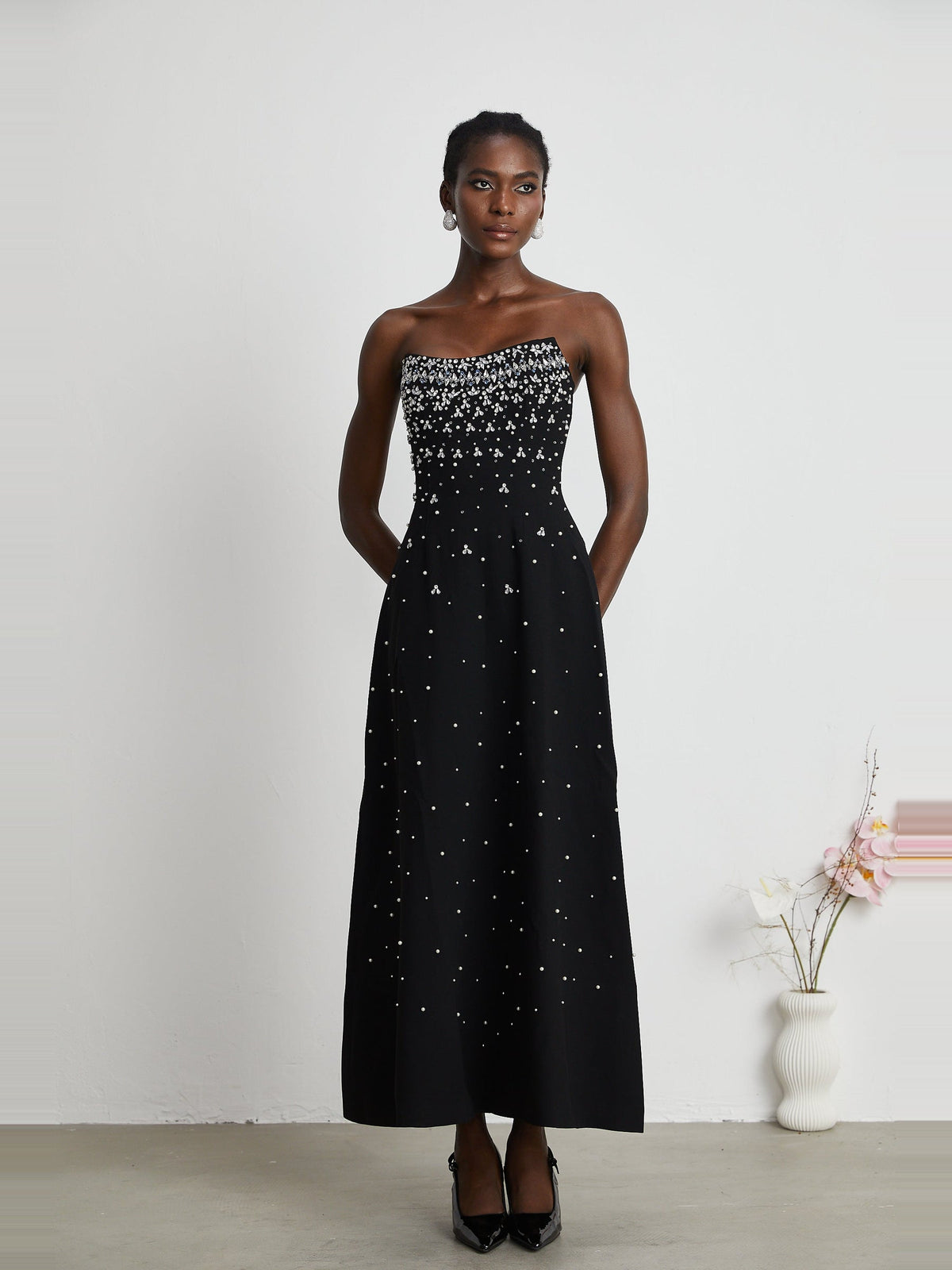Melisande Off-Shoulder Beaded Maxi Gown - Black — Svelte Chic