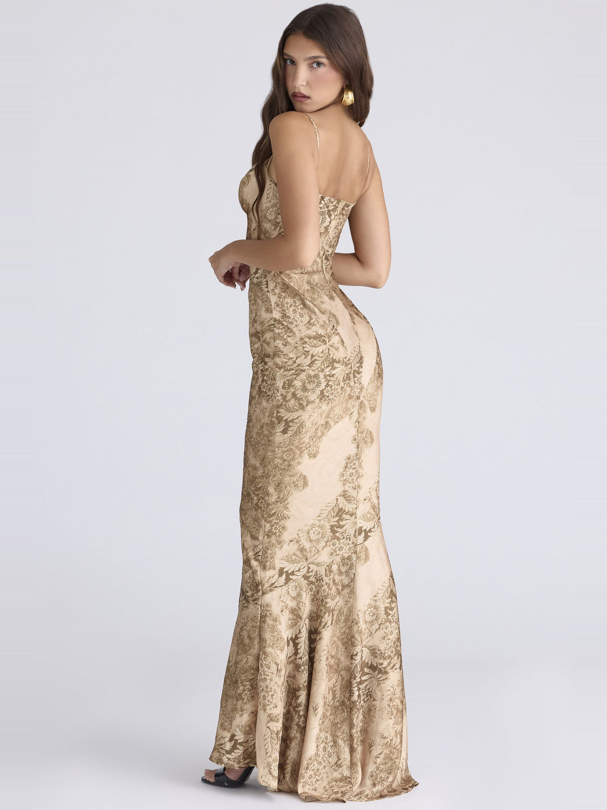 Nalani Printed Satin Strappy Fishtail Maxi Dress — Svelte Chic