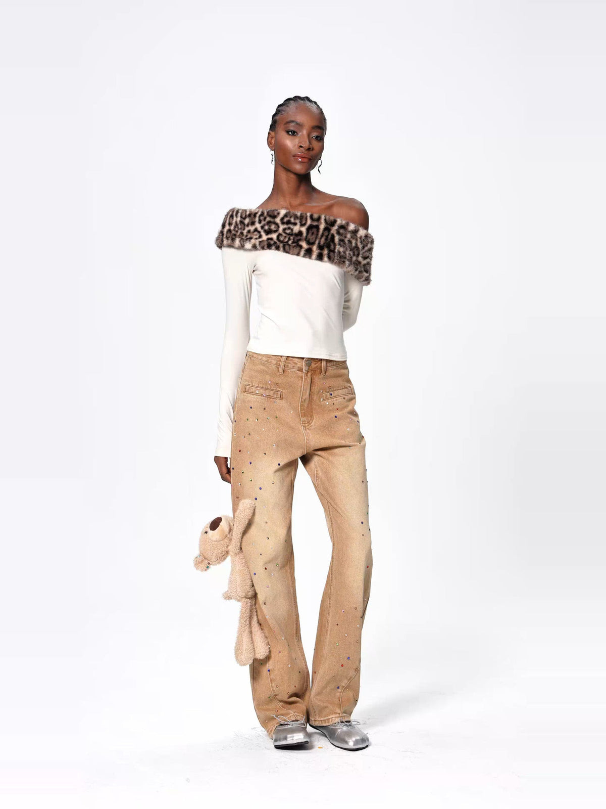 Ellis Leopard Faux Fur Asymmetric Shoulder Top - Ivory — Svelte Chic