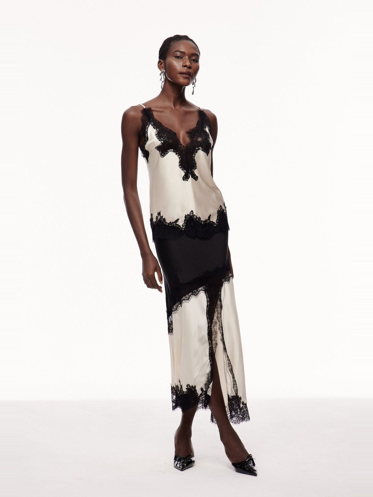 Bess Lace-Trimmed Asymmetric Satin Midi Skirt - Black and Cream — Svelte Chic