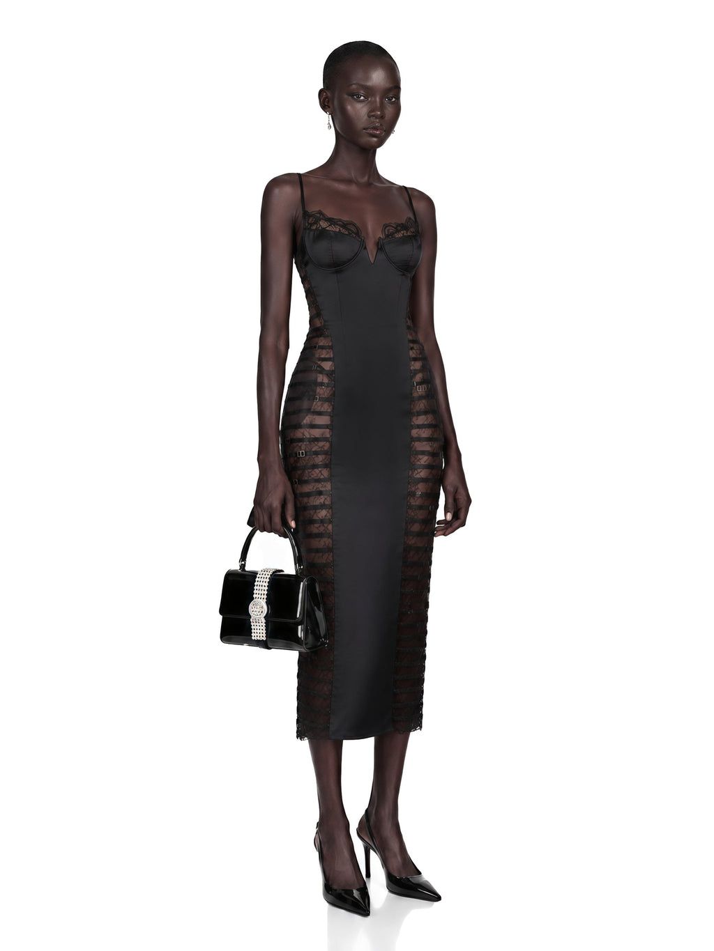 Melora Floral Lace Corset Slit Midi Dress - Black — Svelte Chic