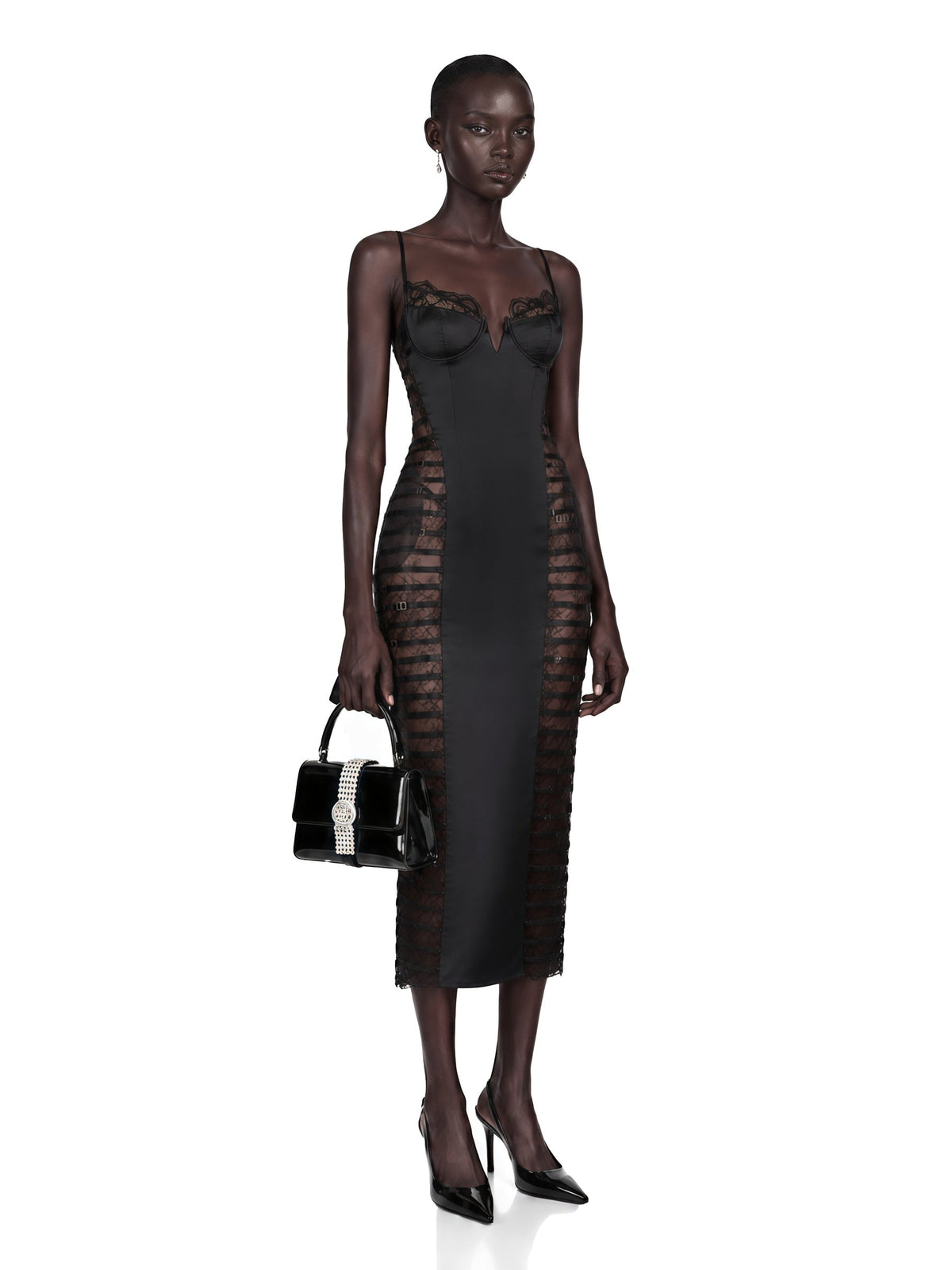 Melora Floral Lace Corset Slit Midi Dress - Black — Svelte Chic