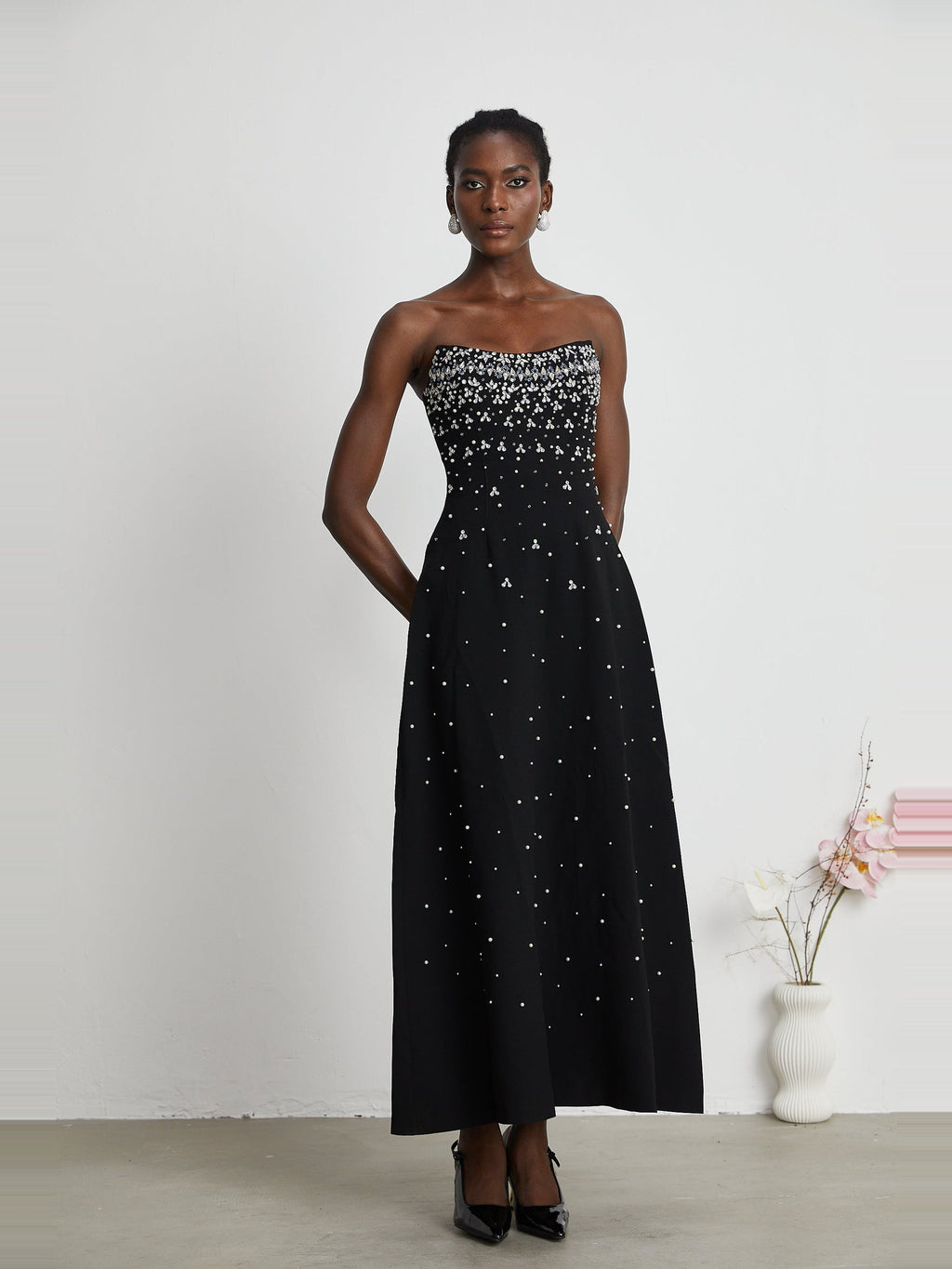 Melisande Off-Shoulder Beaded Maxi Gown - Black — Svelte Chic